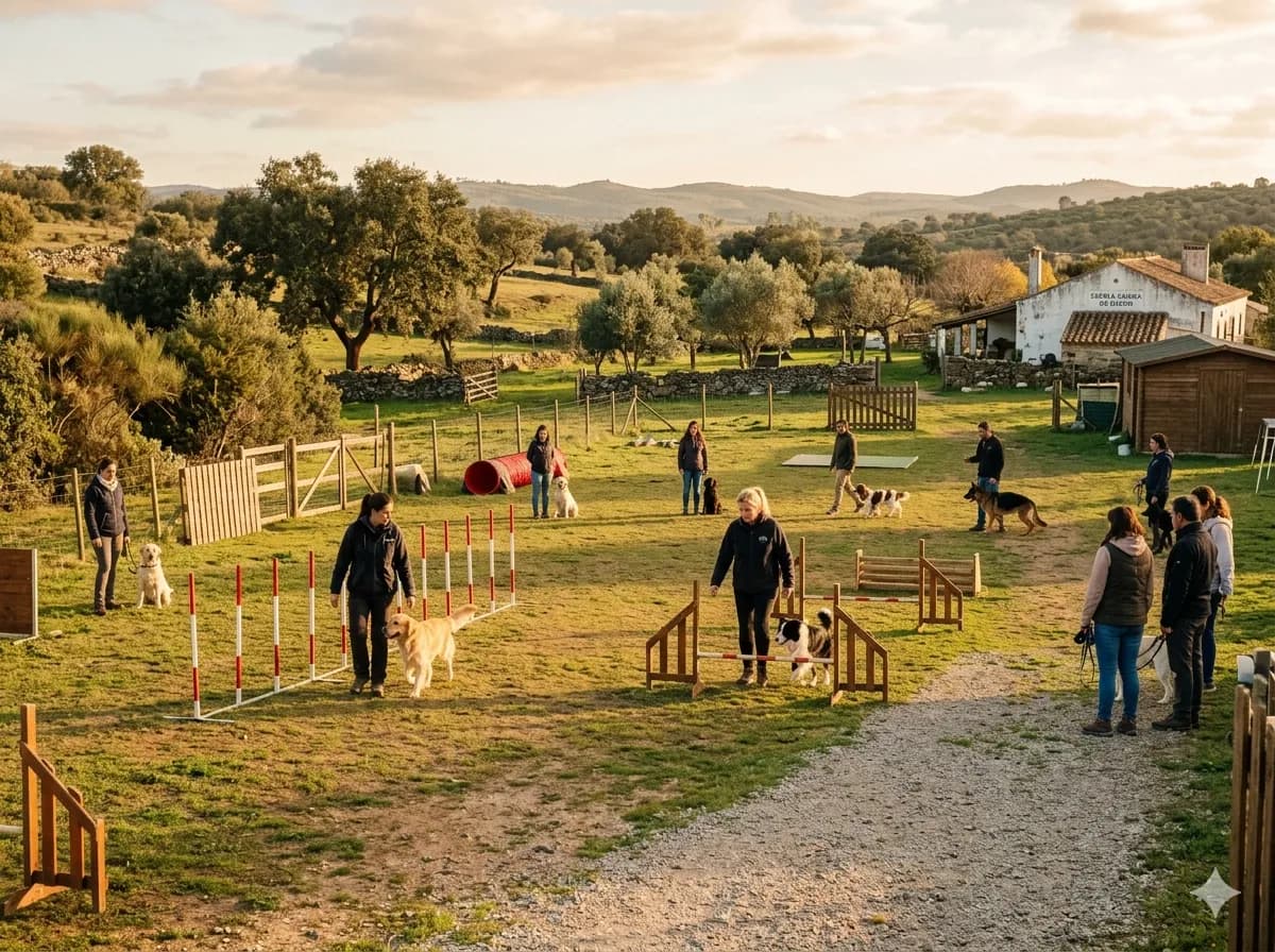 O espaço de treino ao ar livre do Dog Camp com treinadoras e cães