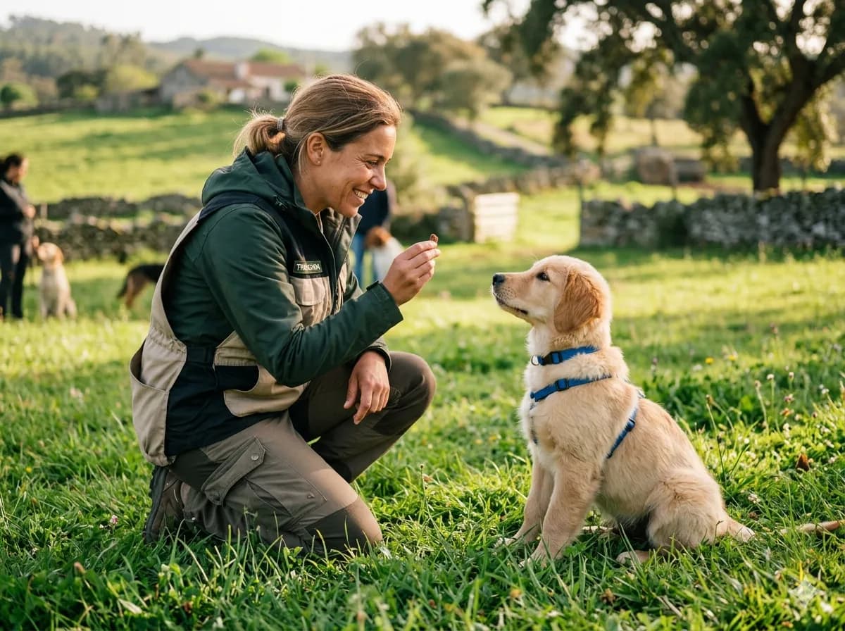 Treinadora a trabalhar com um cachorro durante uma sessão