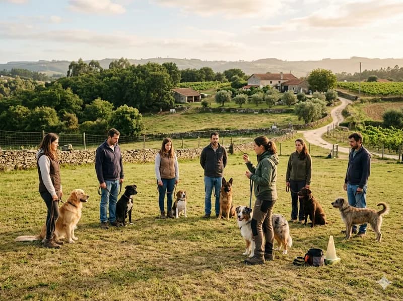 Cães numa aula de treino de grupo ao ar livre