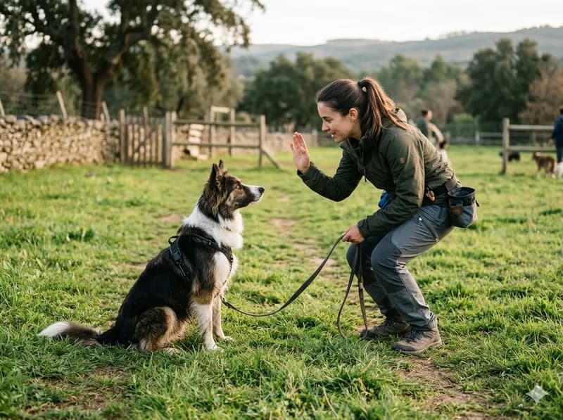Treinadora a trabalhar individualmente com um cão