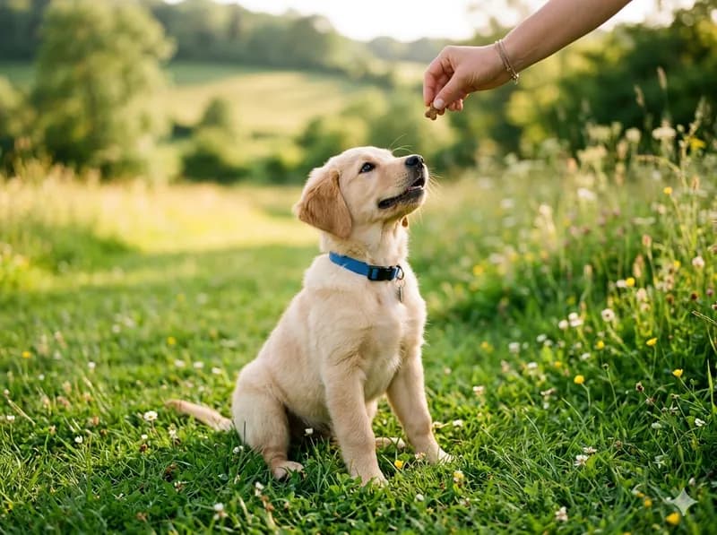 Cachorro jovem a aprender comandos básicos com treinadora