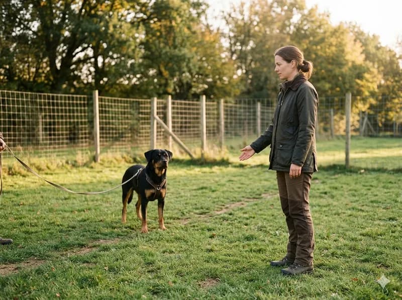 Treinadora a trabalhar calmamente com um cão reativo