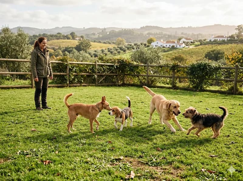 Cães a socializar juntos numa sessão supervisionada ao ar livre
