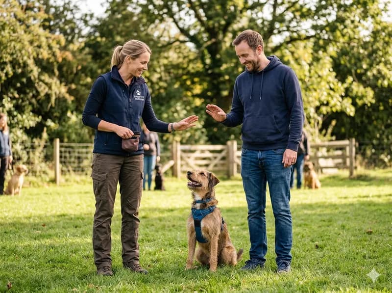 Dono a aprender técnicas de treino junto ao seu cão